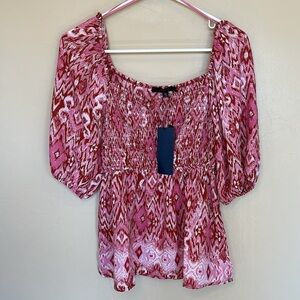 NWT Summer blouse top short puff sleeves smocked upper peplum white pink Sz L